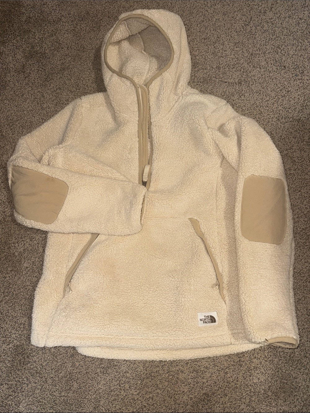 The North Face Cream Sherpa Zip Hoodie with Tan Elbow Patches
